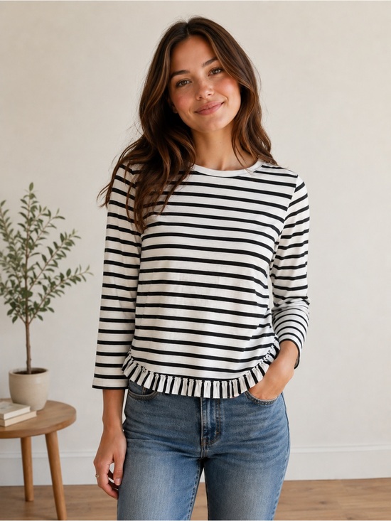 kate spade Tops - kate spade Black & White Striped Top with ruffled hem, size L